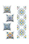 Beyaz Mavi Modern Etnik Karo Desenli 4'lü Kırlent Kılıfı 1 Runner Seti 4kmbs100-RS-03