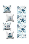 Beyaz Mavi Yılbaşı Temalı 4'lü Kırlent Kılıfı 1 Runner Seti 4kmbs147-RS-02