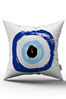 Çift Taraflı Beyaz Mavi Nazar Boncuğu Desenli Boncuklu Dijital Baskı Kırlent Yastık Kılıfı - CGH477-CT