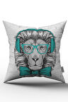 Çift Taraflı Beyaz Turkuaz Gözlüklü Aslan Kırlent Yastık Kılıfı - CGH040-CT