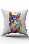 Çift Taraflı Beyaz Çok Renkli Kedi Figürlü Dijital Baskılı Kırlent Kılıfı - OTYK613-CT
