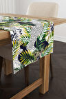 Beyaz Yeşil Tropikal Yaprak Desenli Dijital Baskılı Runner CGH026-RN