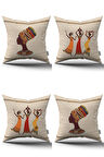 Krem Etnik Afrika Figürlü Fil Desenli Dijital Baskılı Kırlent Yastık Kılıfı Seti 4kmbs308