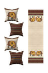 Krem Kahverengi Etnik Fil Desenli 4'lü Kırlent Kılıfı 1 Runner Seti 4kmbs300-RS-1