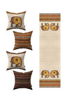 Turuncu Kahverengi Etnik Fil Desenli 4'lü Kırlent Kılıfı 1 Runner Seti 4kmbs306-RS-2