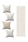 Krem Beyaz Bohem İskandinav Geometrik Desenli 4'lü Kırlent Kılıfı 1 Runner Seti 4kmbs291-RS-2