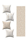 Krem Beyaz Bohem İskandinav Geometrik Desenli 4'lü Kırlent Kılıfı 1 Runner Seti 4kmbs291-RS-4