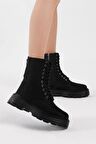 Tonny Black Kadın Siyah Süet Poli Taban Arkası Fermuar Detaylı Rahat Kalıp Bağcıklı Bot
