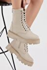 Tonny Black Kadın Krem Cilt Poli Taban Arkası Fermuar Detaylı Rahat Kalıp Bağcıklı Bot