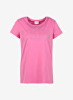 . Bisiklet Yaka Baskılı Pembe Kadın T-Shirt GEAN23