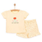 HelloBaby Kız Bebek Basic Tişört-Şort 2li Takım Bisiklet Yaka Reçme Paça Kısa Kol Açık Sarı