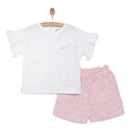 Bebetto Kız Bebek Tişört-Şort 2li Takım Ponpon Team Bisiklet Yaka Reçme Paça Kısa Kol Beyaz