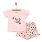 HelloBaby Kız Bebek Basic Tişört-Şort 2li Takım Kedi Desenli Bisiklet Yaka Reçme Paça Kısa Kol Pembe