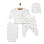 Tiffany Yenidoğan Kız Bebek Prematüre Set İnterlok Kuş Desenli Zarf Yaka Uzun Kol Ekru