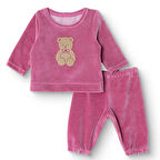 HelloBaby Kız Bebek Kadife Pijama Takımı Bisiklet Yaka Uzun Kol Ribanalı Paça