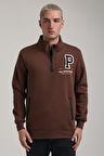Dik Yaka Kahverengi Slim Fit Full-Zip Sweatshirt 24FWM64075