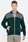 Blok Desenli Cepli Erkek Triko Ceket  - Koyu Yeşil