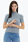 Tam Balıkçı Yaka Kısa Kollu Triko Kazak  - Gri