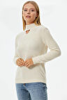 Damla Yaka İnci Detaylı Triko Kazak  - Kemik