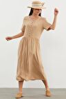 Geniş Beden Belden Büzgülü Krep Elbise - Bej