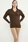 Saç Örgülü V Yaka Triko Kazak - Kahve