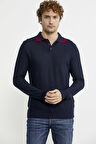 Polo Yaka Düğmeli Triko Kazak - Lacivert