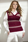 Çizgili V Yaka Yünlü Triko Süveter - Bordo