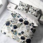 Monohome White Hexagon 3D Temalı Pamuk Saten Çift Kişilik Nevresim Takımı
