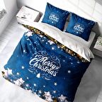 Monohome Merry Christmas Blue Stars 3D Temalı Pamuk Saten Çift Kişilik Nevresim Takımı
