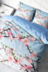 Nevresim Takımı (Lastikli Çarşaflı) Çift Kişilik %100 Pamuk Saten Blue Cherry Blosom