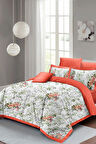 Lastikli Çarşaflı %100 Pamuk Saten Çift Kişilik Nevresim Takımı Çiçekli Somon