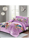 Çiçekli Lila Çift Kişilik Nevresim Takımı 3d Pamuk Saten