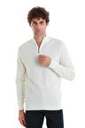Ekru Regular Fit Jakarlı Yarım Balıkçı Yaka Fermuarlı Yünlü Triko Kazak | 3XL