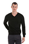 Siyah Regular Fit Düz V Yaka Yünlü Triko Kazak | 3XL