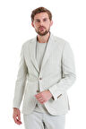 Bej Slim Fit Çizgili Mono Yaka Casual Keten Ceket | 50