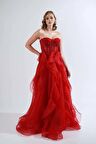 Carmen Kadın Simli Tül İşlemeli Sırtı Bağlamalı Straplez Nişan Elbisesi 58186 Kırmızı