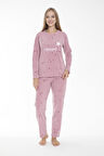 Kadın Kışlık Yıldız Desenli Fitilli Polar Pijama Takımı Pembe