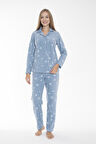 Kadın Kışlık Kar Desenli Önden Düğmeli Fitilli Polar Pijama Takımı Mavi