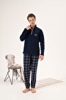 Erkek Kışlık Fermuarlı Yaka Kareli Alt Polar Pijama Takımı Lacivert