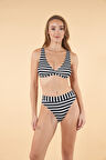 Estiva Kemerli Kruvaze Çizgi Desenli Bikini Takımı - Siyah Bayaz