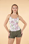 Estiva Büzgülü Çiçek Desenli İnce Akılı Şortlu Tankini Mayo - Haki