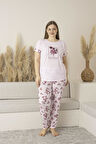 Kadın Yazlık Çiçek Desenli Kısa Kollu Viskon Battal Pijama Takımı - Pembe