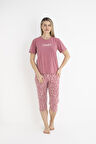 Kadın Yazlık Desenli Kısa Kollu Kaprili Soft Pijama Takımı - Pembe
