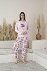 Kadın Yazlık Çiçek Desenli Uzun Kollu Viskon Pijama Takımı - Pembe