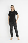 Kadın Yazlık Mood Sleepy Yazılı Kısa Kollu Soft Pijama Takımı - Siyah