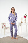 Kadın Kışlık Önden Düğmeli Çiçek Desenli Penye Lycra Pijama Takımı Mor