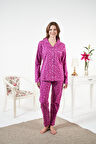 Kadın Kışlık Önden Düğmeli Puantiyeli Penye Lycra Pijama Takımı Fuşya
