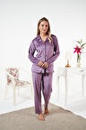 Kadın Kışlık Önden Düğmeli Yıldız Desenli Kadife Pijama Takımı Mor