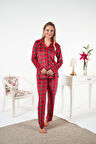 Kadın Kışlık Önden Düğmeli Kareli Kadife Pijama Takımı Kırmızı