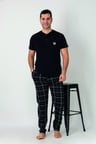 Estiva Erkek Kareli Alt Desenli Siyah Kısa Kollu Patlı Penye Pijama Takımı